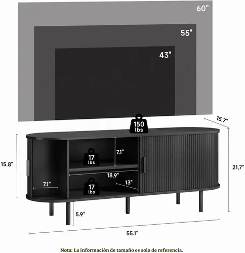 Vista 2 de Soporte de TV de 55 pulgadas con toma de corriente, consola multimedia moderna con puertas correderas, centro de entretenimiento para televisores