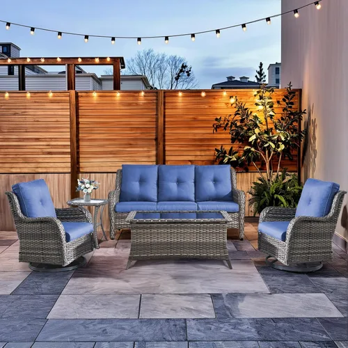 Vista 104 de HUMMUH Juego de 2 Sillas Giratorias Mecedoras de Mimbre para Patio Exterior, Juego de Muebles de Sillas Mecedoras de Ratán (Marrón, Azul) 50,000