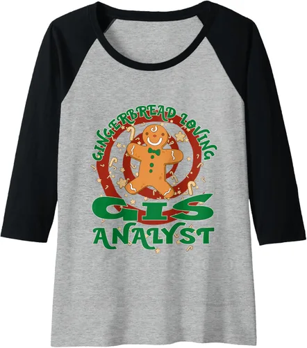 Vista 10 de GIS Analyst Job Gingerbread - Camiseta de béisbol raglán de Navidad, Negro