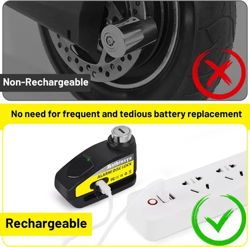 Vista 3 de Cerradura de motocicleta recargable, 120 dB, bloqueo de disco de alarma antirrobo, bloqueo de disco de seguridad, impermeable, con cable