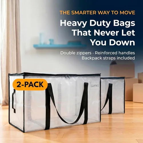 Vista 2 de ClearSpace Bolsas de mudanza o bolsa de almacenamiento de gran tamaño – Cajas grandes para mudanzas con correas de mochila, cremalleras y asas