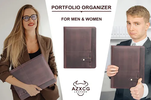 Vista 5 de AZXCG Portafolio de cuero para hombre, hecho a mano, con cremallera, organizador de documentos de negocios para cuaderno tamaño carta A4, funda