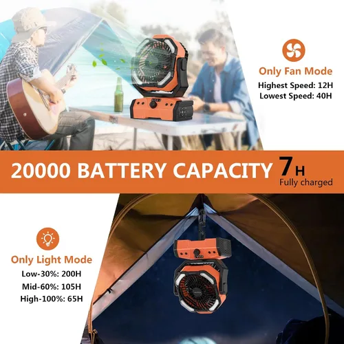 Vista 2 de Easywave Ventilador de camping con linterna LED: tienda de campaña de 20000 mAh recargable con batería para exteriores, ventilador oscilante