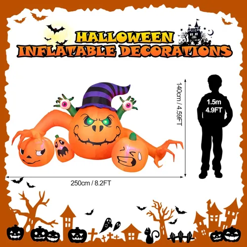 Vista 3 de Decoraciones inflables de Halloween de 8 pies de largo, decoraciones de calabaza con luces LED integradas, linterna inflable para interiores