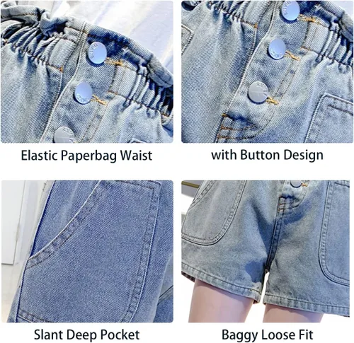 Vista 4 de Rolanko Pantalones cortos de mezclilla para niñas, cintura elástica, pantalones cortos de mezclilla de verano para niños de 4 a 14 años