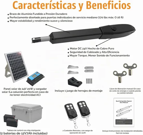 Vista 6 de JUJIANG C026 - Abridor de Puerta Solar con Baterías y Panel Solar para Puertas de Apertura Dual de hasta 1540lb, Kit Completo de Abridor de Puerta