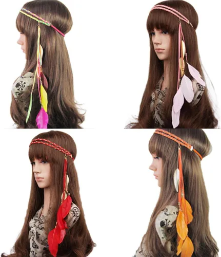 Vista 2 de Song Qing Diadema de plumas para mujer, con borlas de hojas trenzadas, accesorios para el cabello