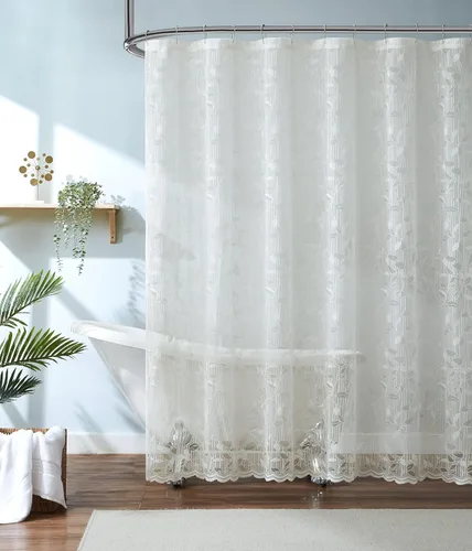 Vista 4 de ASATEX Cortina de ducha de encaje semitransparente gris. Cortina de baño romántica con patrón de hojas florales de 36 x 72 pulgadas. Haz que el baño