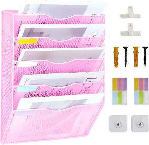 Vista 15 de Organizador de archivos de pared de malla con 1 bolsillo, organizador de archivos para colgar en la oficina, revistero, juego de ganchos