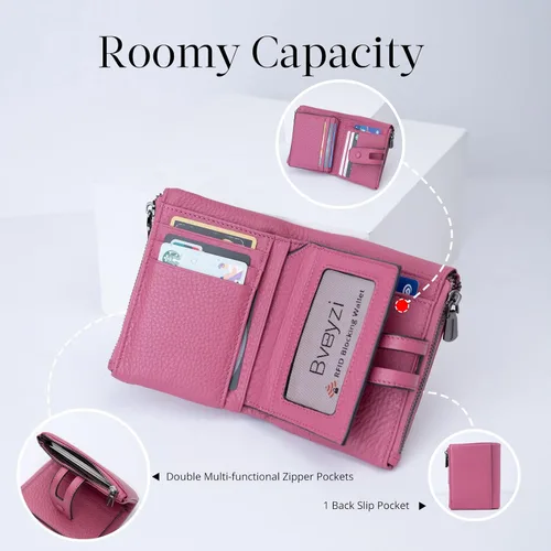 Vista 2 de Bveyzi Cartera pequeña de cuero suave para mujer, con bloqueo RFID, tarjetero con doble bolsillo con cremallera
