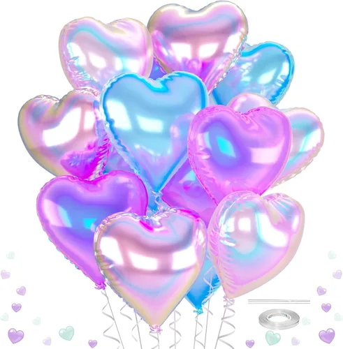 Vista 27 de Globos de corazón morado, 12 globos de aluminio iridiscentes de 18 pulgadas Púrpura iridiscente