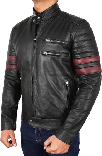 Vista 3 de Men's Fight Motorcycle Pitt Red Stripes Tyler Durden Black Leather Jacket-Cafe Racer Jacket