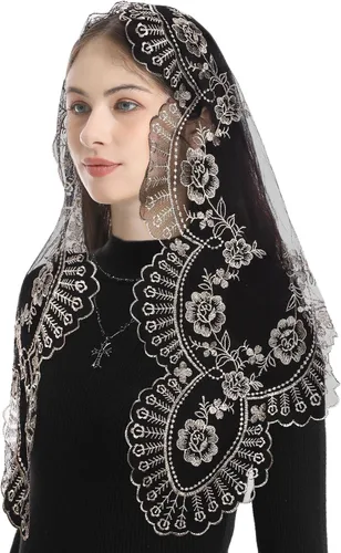 Vista 3 de Bozidol Mantilla triangular con velo de iglesia Cruz de cáliz bordado, velo de misa católica vintage para mujer