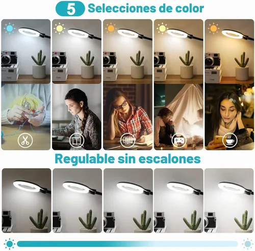 Vista 6 de Lupa 10X con luz y abrazadera, 5 modos de color, lupa iluminada regulable sin escalones con soporte, lámpara de escritorio LED de cuello de cisne