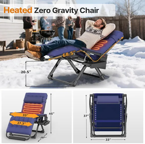 Vista 3 de Suteck Heated Zero Gravity Chair, 33" XXL Oversized Reclining Lounge Chairs Blue