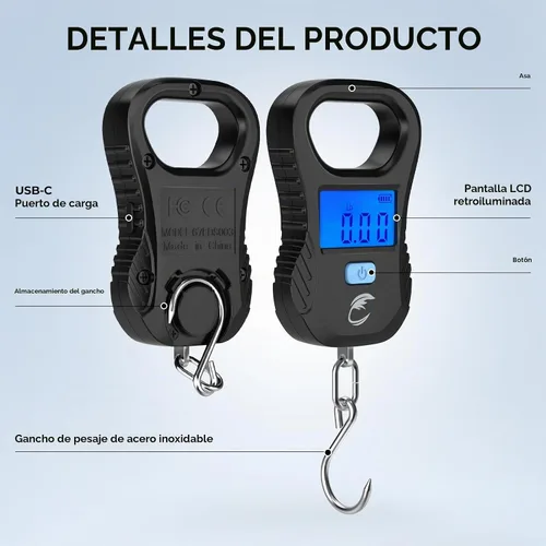 Vista 6 de Calamus - Báscula ligera de carga USB, equipo de pesca, color negro