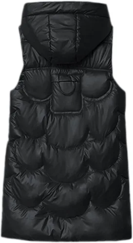 Vista 4 de Chaleco con capucha para mujer, versión larga, acolchado, con relleno de plumón sintético, adecuado para otoño e invierno, chalecos de talla grande