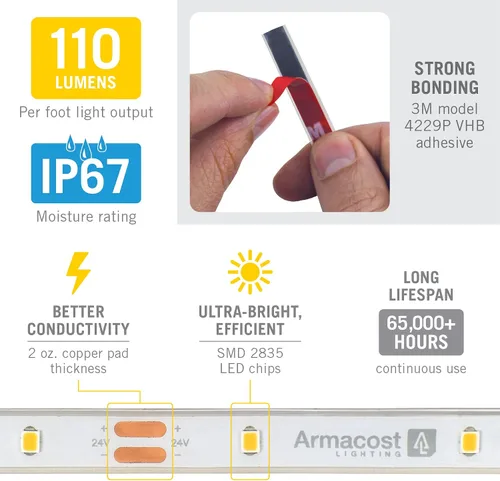 Vista 4 de Armacost Lighting RibbonFlex Pro Soft White (3000K), 30LEDs/M, 2.5M, 24V Luz de cinta para exteriores, 8.2 pies (144410)