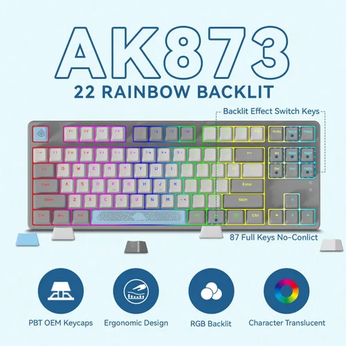 Vista 3 de MAGIC-REFINER AK873 Teclado para juegos, retroiluminación LED arcoíris, intercambiable en caliente, teclado PBT, diseño TKL del 75%, teclado