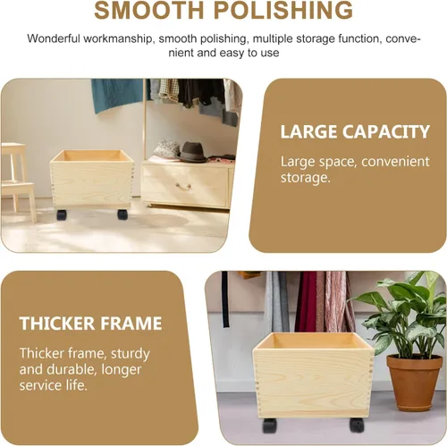 Vista 9 de Cabilock Caja de almacenamiento de madera con tapa y ruedas, organizador portátil de artículos diversos, contenedor de almacenamiento para el hogar