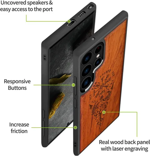 Vista 6 de Carveit Funda para Galaxy S22 Ultra de madera compatible con S22 Ultra Viking Compass Vegvisir-Rosy Madera real dura, TPU suave, funda protectora