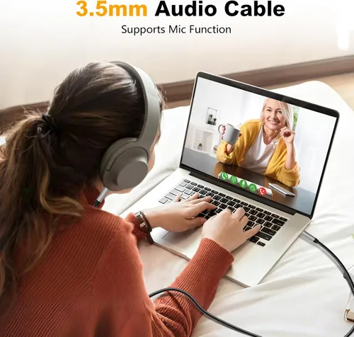 Vista 2 de Cable de audio macho a macho de 1 pie, 0.138 in de nailon trenzado de 4 polos, cable auxiliar estéreo para auriculares, PS4, teléfono, tabletas