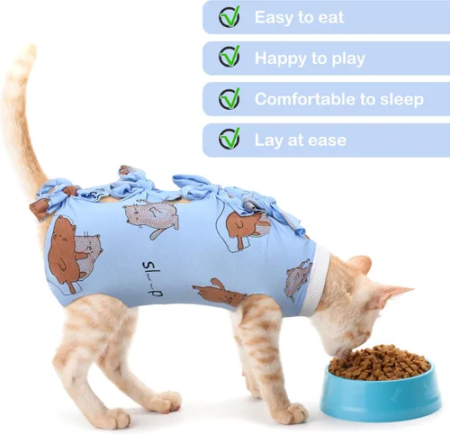 Vista 3 de PUMYPOREITY Traje de recuperación de gato – Mameluco de gatito para castrado/herida abdominal/daño en la piel/destete, azul, XS