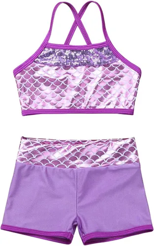 Vista 3 de TiaoBug Conjunto de 2 piezas de camisetas cortas y pantalones cortos para niños, ropa deportiva con lentejuelas brillantes, trajes de baile