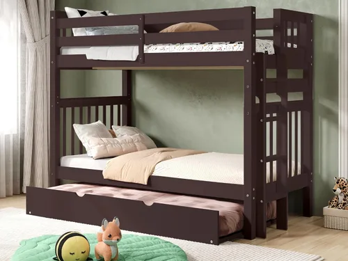 Vista 12 de Bedz King Literas altas de tamaño individual sobre individual, estilo Mission con escalera lateral y 2 cajones debajo de la cama, color cereza oscuro