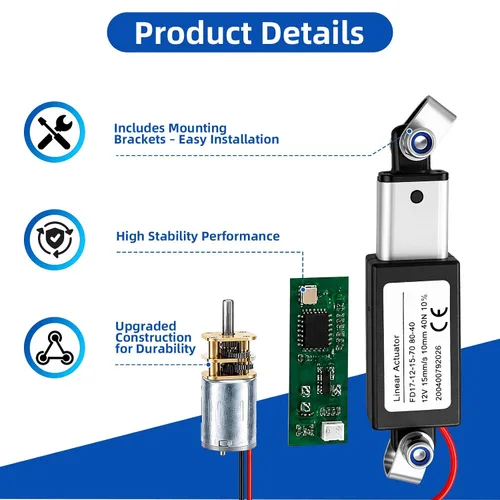 Vista 5 de 12V Mini Linear Actuator 0.4" Stroke, 40N/9lb, 15mm/s, IP54 Waterproof Micro Linear Actuator with Mounting Brackets for Cabinets, Robotics, Home