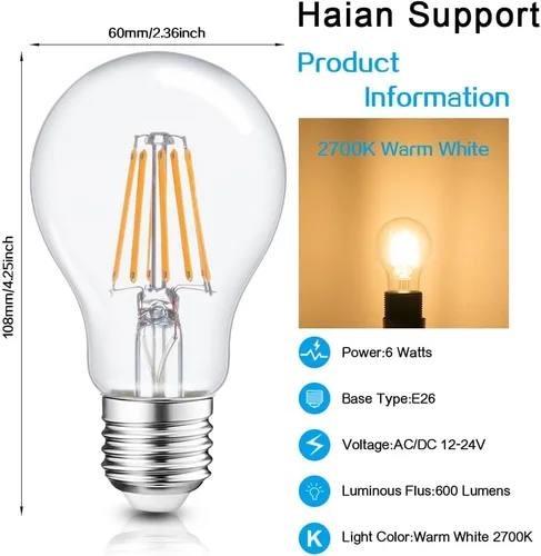Vista 3 de Haian Support Bombilla LED eficiente de 12 V, 6 W, 600 lm, base E26/E27, 12-24 V CA/CC, paquete de 4, ideal para sistemas de batería solar fuera