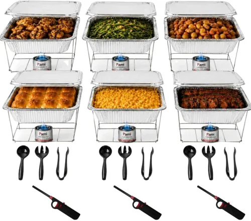 Vista 5 de Chafing Dish Buffet - Kit de servicio de 42 piezas con combustible, estantes, sartenes de aluminio, utensilios y encendedores
