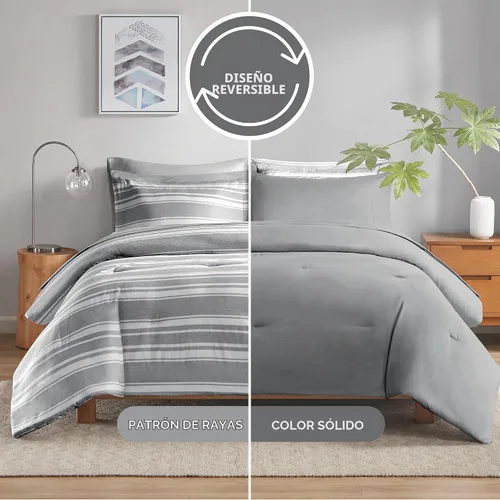 Vista 3 de Codi Juego de cama tamaño Queen en una bolsa, juego de ropa de cama matrimonial, moderno edredón de rayas grises y blancas con sábanas, juego