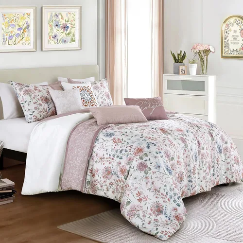 Vista 22 de ESCA Juego de edredón floral morado Queen - 7 piezas de ropa de cama botánica ciruela malva