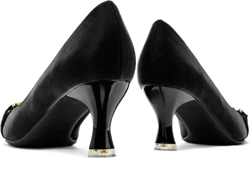 Vista 5 de Zelaprox Zapatos de tacón cuadrado cerrados para mujer, tacón bajo de gatito, de metal a la moda, sin cordones, para boda, fiesta, zapatos cómodos