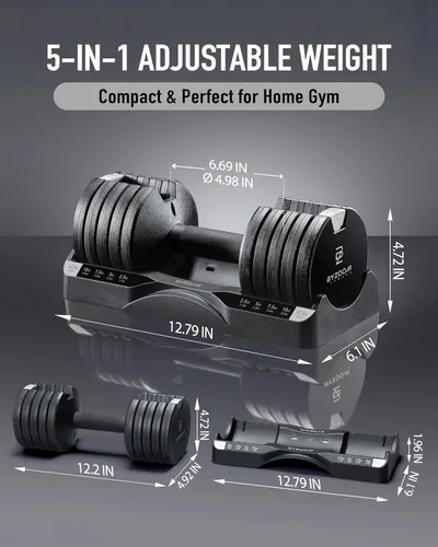 Vista 6 de ByZoom Fitness - Mancuerna ajustable de 12.5/25 libras – Unidad individual O juego de 2 – Peso ajustable 5-en-1 para gimnasio en casa, entrenamiento