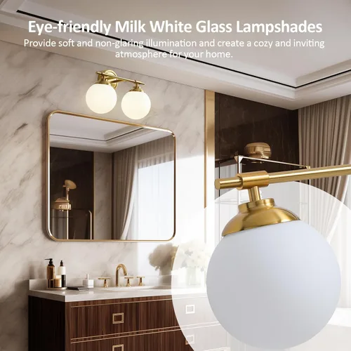 Vista 7 de Rayogale Lámparas de baño doradas, ETL 2 luces de tocador sobre espejo con vidrio esmerilado, iluminación suave, apliques de baño de 15 pulgadas