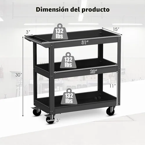 Vista 6 de Goplus Carrito de servicio de 3 capas, carrito Unity resistente con mango plano, 2 ruedas universales bloqueables, capacidad de 400 libras, carrito