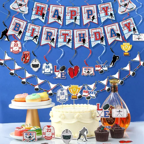 Vista 5 de 27 piezas de suministros de fiesta de cumpleaños de hockey bola de hielo, regalos de fiesta de hockey para cupcakes, remolinos colgantes