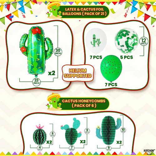 Vista 2 de KatchOn, Juego de decoraciones de fiesta de cactus, 30 unidades, globos de cactus, panal de abeja, pancarta de cactus Decoraciones de cumpleaños
