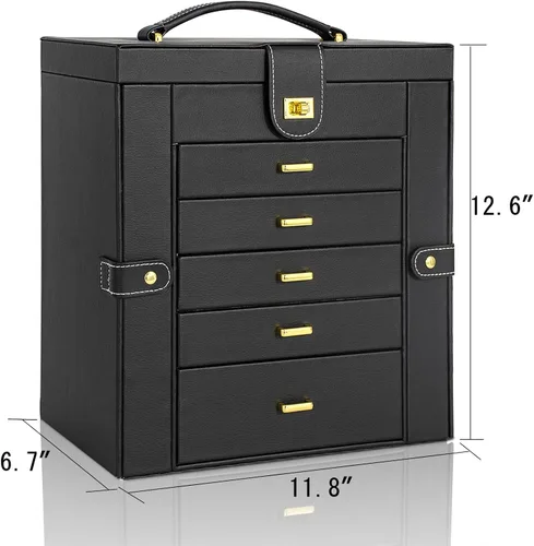 Vista 2 de AKOZLIN Enorme joyero organizador funcional extra grande de cuero para mujeres y niñas, anillo collar, aretes, pulsera, organizador con espejo, negro