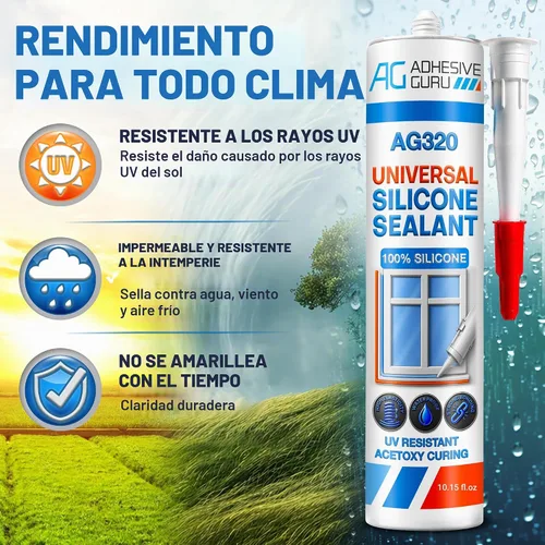 Vista 6 de Adhesive Guru Sellador de Silicona Transparente Multiusos Impermeable 10.15 fl.oz (onzas líquidas), Masilla de Silicona 100%, Sellador Adhesivo