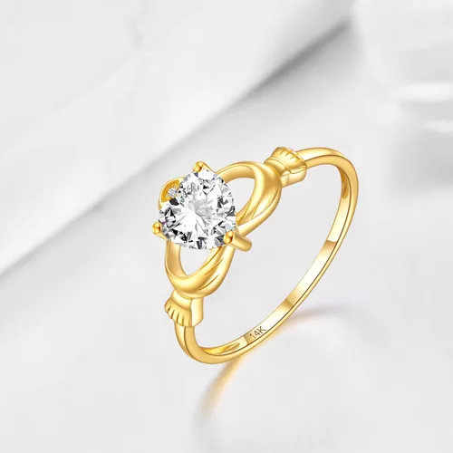 Vista 2 de ELFRONT Anillo de corazón de Claddagh irlandés de oro macizo de 14 quilates, joyería celta con moissanita para mujer, lealtad, promesa, compromiso