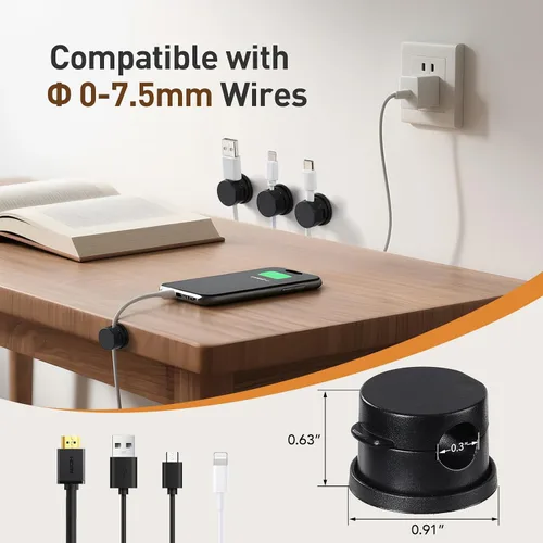 Vista 4 de AGPTEK Paquete de 8 clips magnéticos para cables, clips giratorios de 360° actualizados para sujetar cables en mesita de noche, organizador