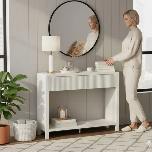 Vista 9 de FATORRI Mesa consola estrecha con almacenamiento, mesa de sofá de madera para entrada, mesas de pasillo modernas de 39.37 pulgadas y mesas de sofá