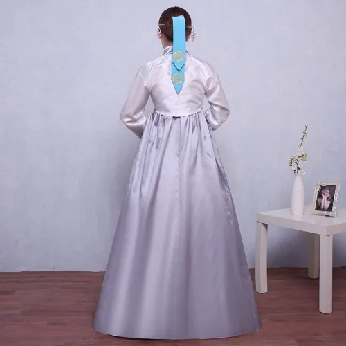 Vista 4 de XINFU Conjunto de Hanbok tradicional coreano para mujer, vestido colorido de manga larga, disfraz de cosplay