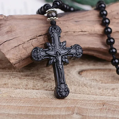 Vista 3 de Collar con dije de cruz de obsidiana negra, cristal curativo de obsidiana natural, piedra de energía, amuleto, para mujeres, hombres, niñas, niños