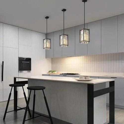 Vista 2 de LMQNINE Modernas lámparas colgantes negras para isla de cocina, lámpara de araña de cristal, iluminación colgante ajustable de granja para comedor