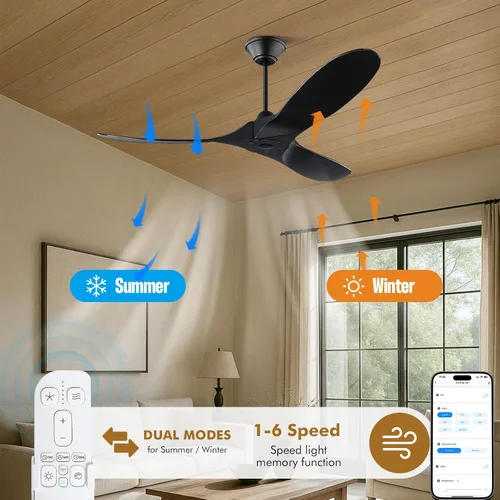 Vista 4 de Ventilador de techo negro para exteriores de 60 pulgadas para patios sin luces, clasificado para ambientes húmedos, ventilador de techo inteligente