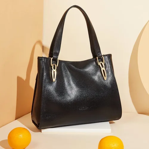 Vista 5 de Bolso de mano de cuero genuino para mujer, bolso de mano grande de trabajo con asa superior, bolso de hombro para mujer, 02 negro